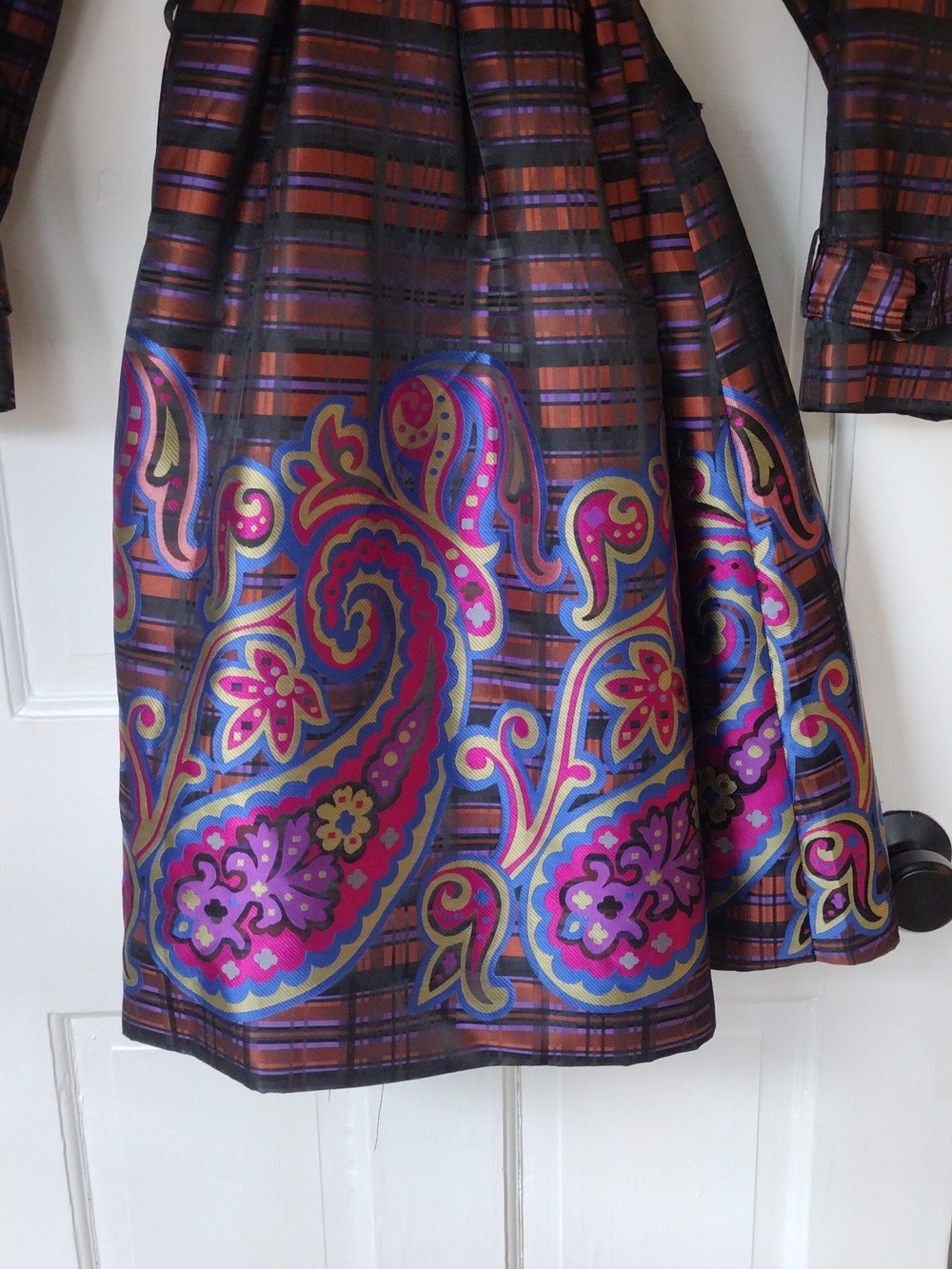 Samual Dong Colorful Plaid Trench Coat with Paisley Hem - Picture 8 of 9